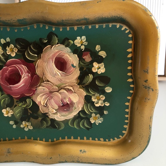 Vintage Toleware hand painted roses floral pink mauve green gold small tray - Picture 5 of 10